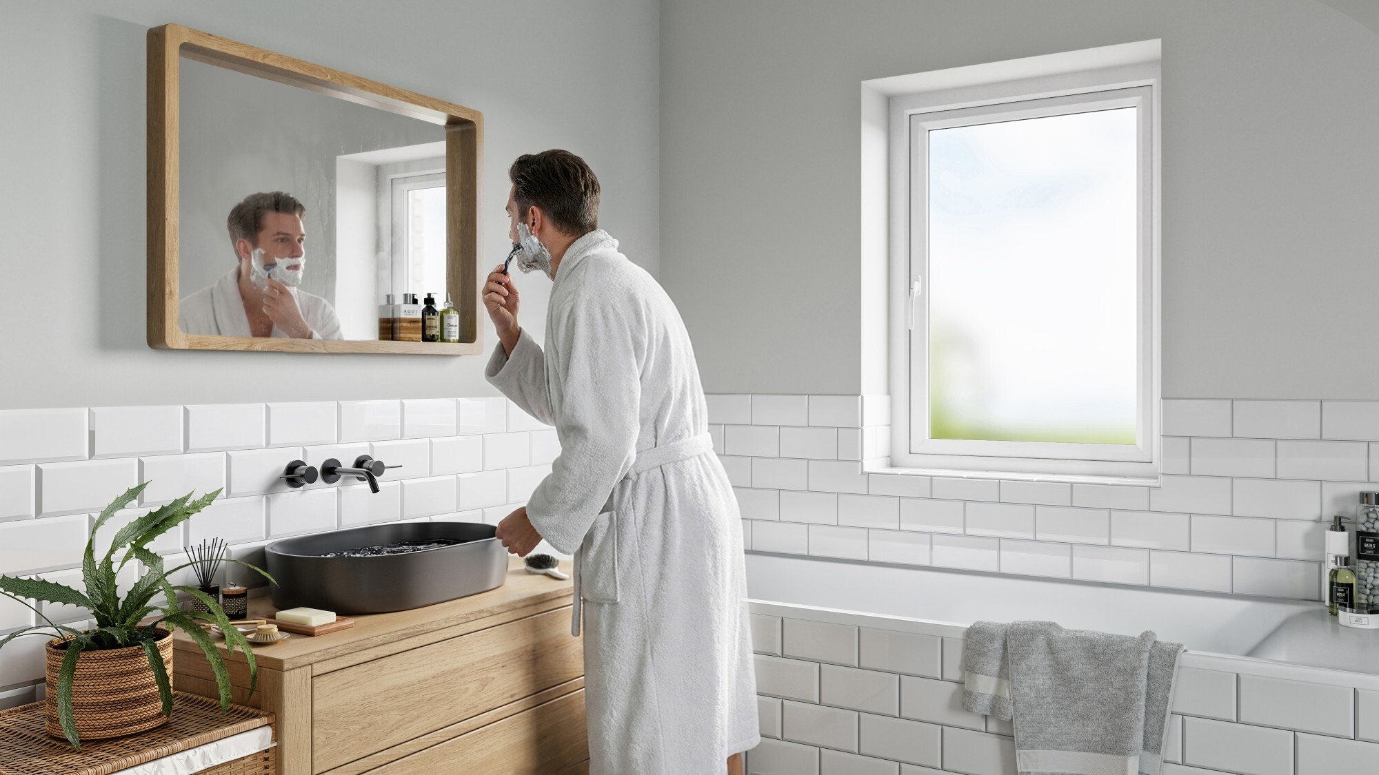 Bathroom 1 with man shaving-low