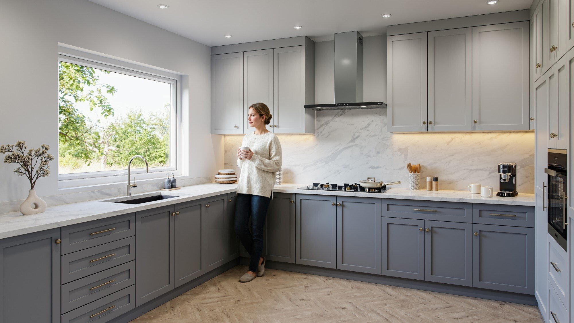 Kitchen 2 with woman drinking coffee-low