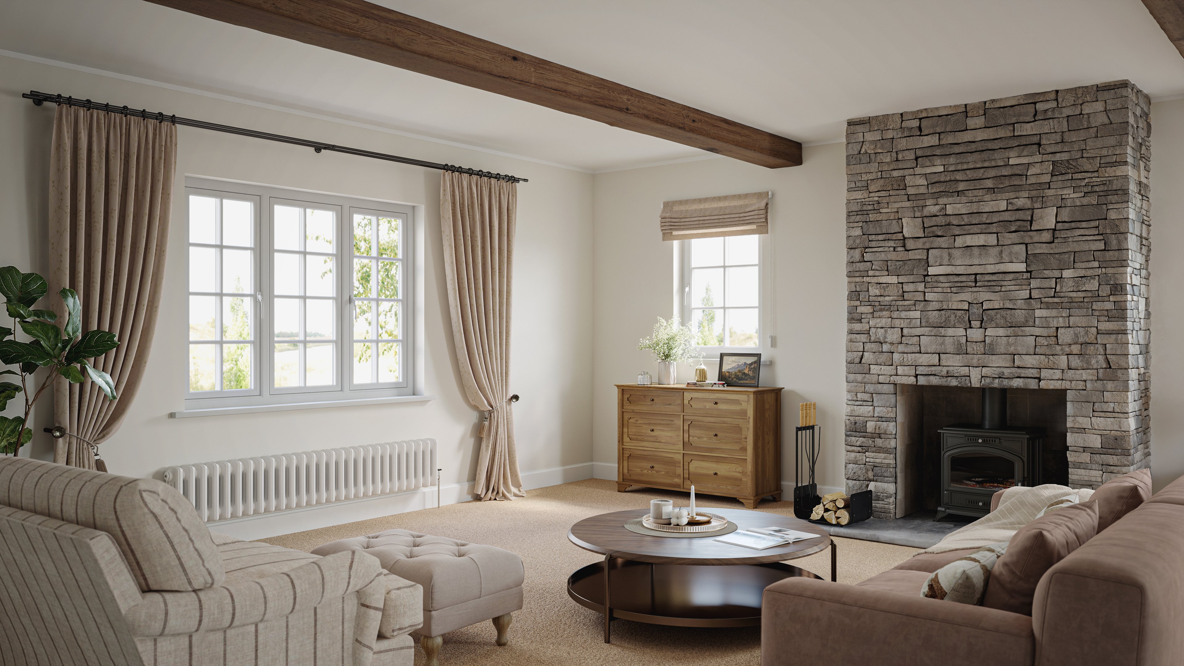 Double glazed windows in a living room, helping reduce heat loss and lower energy bills in UK homes