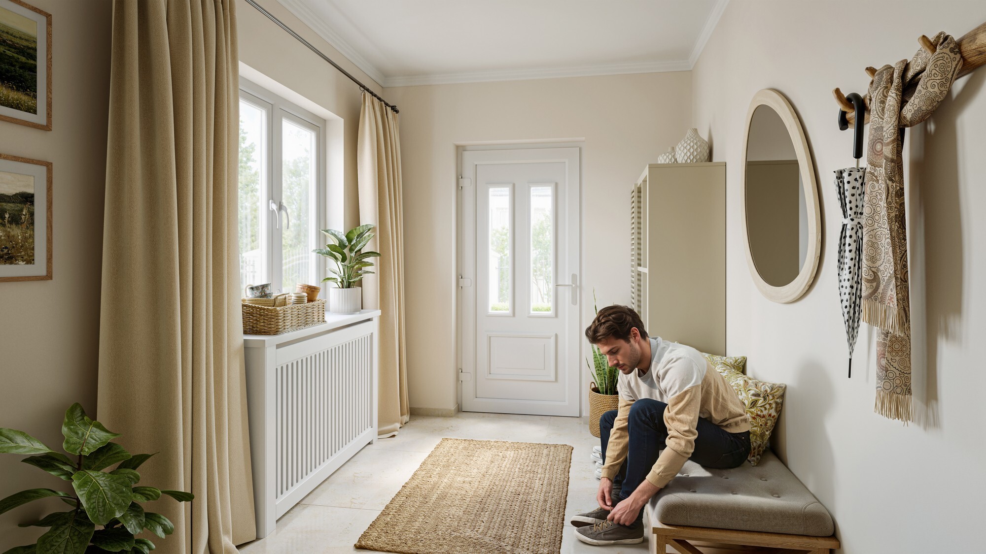 Entrance Hall 2 with man tying shoes low res
