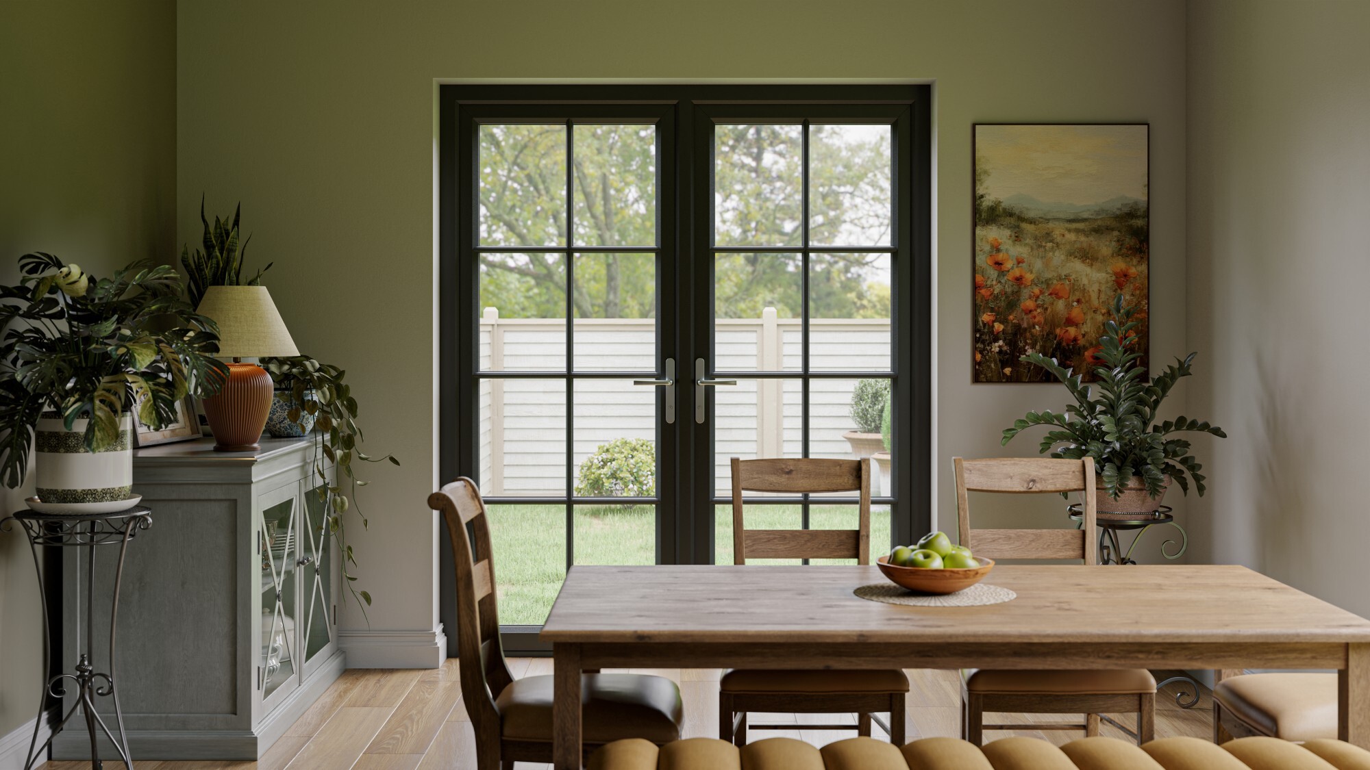 Dining room with double patio doors opening to the garden – types of patio doors guide.