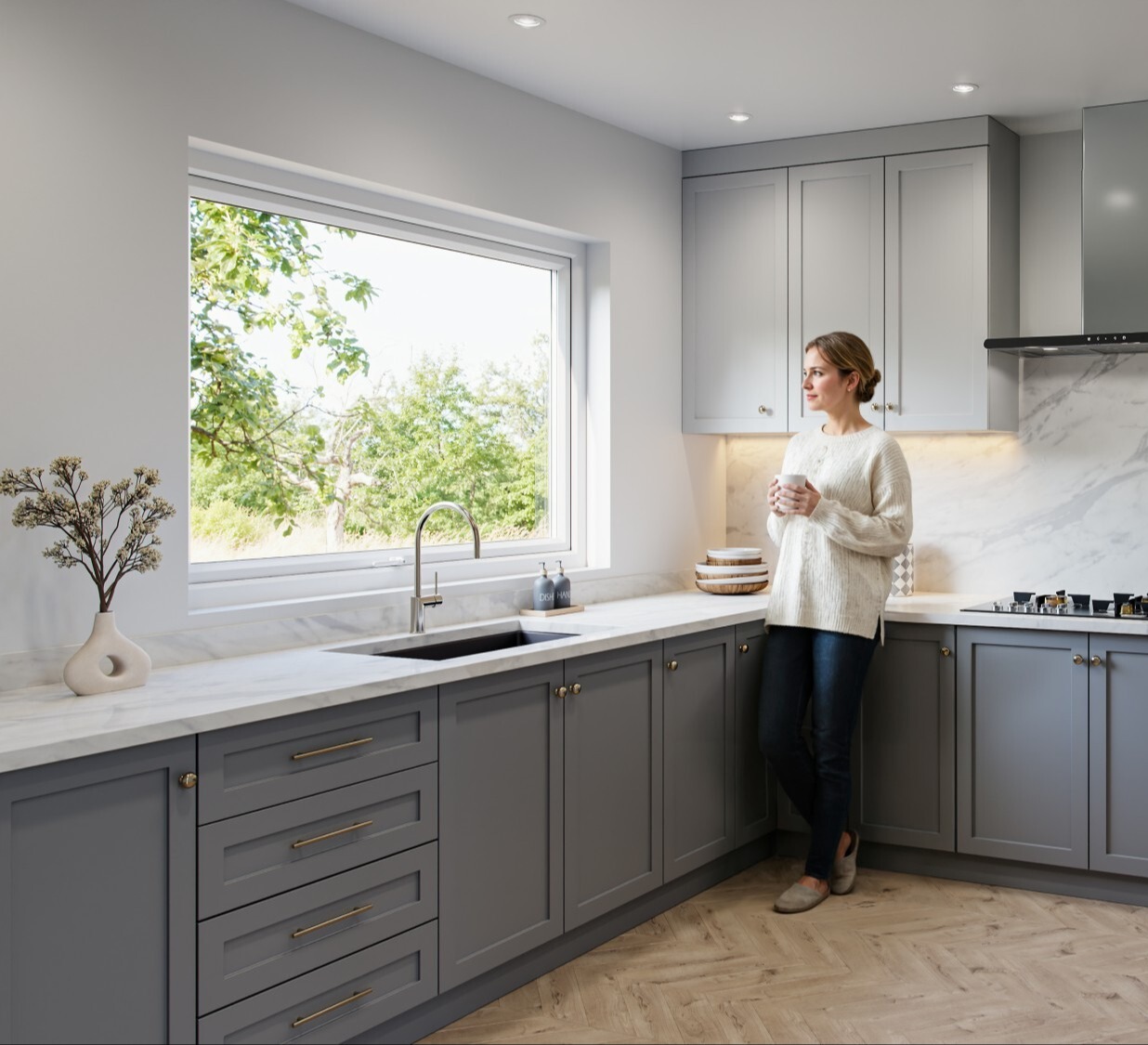 Kitchen 2 with woman drinking coffee-low