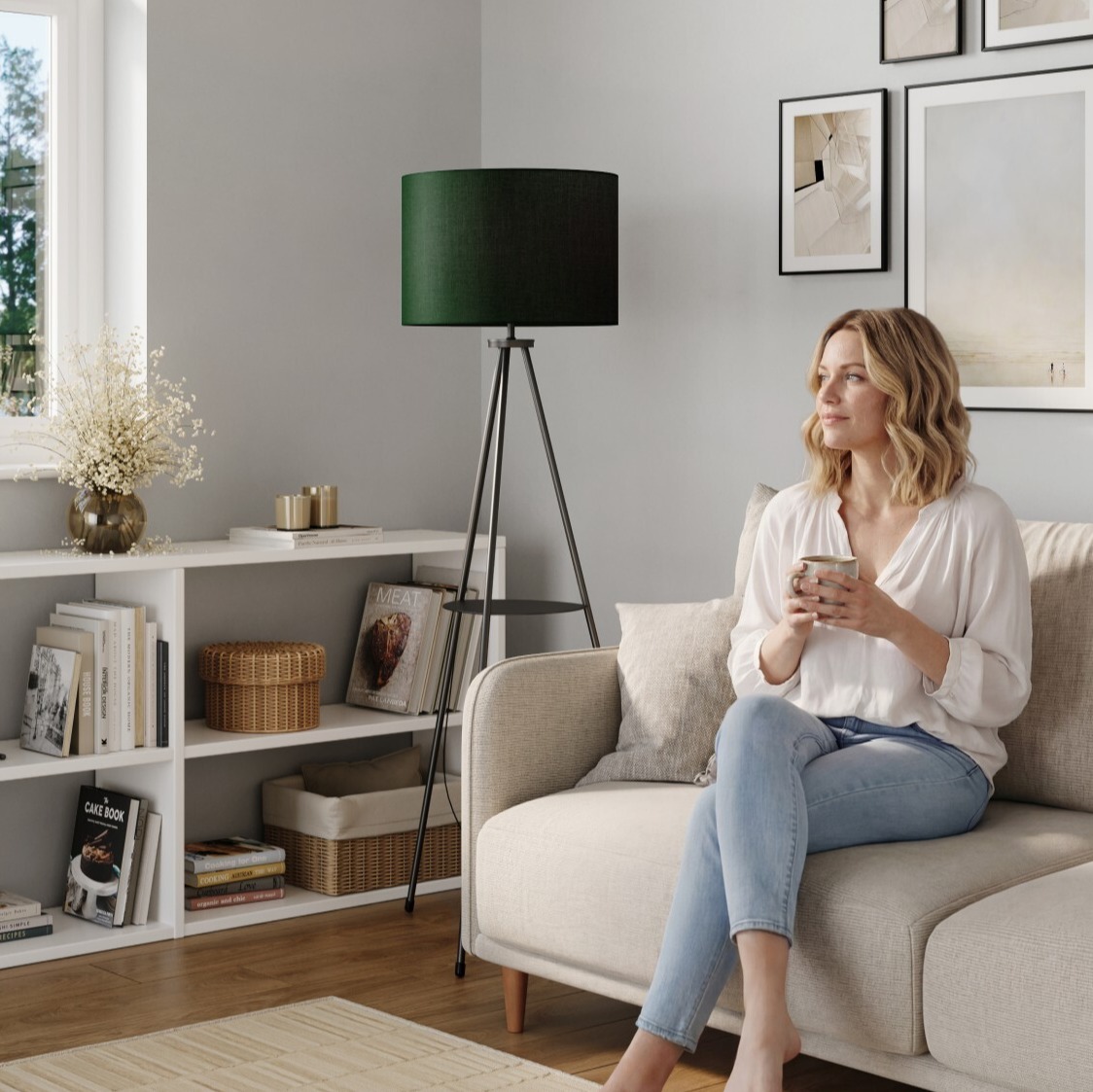 Living room 3 with lady on sofa 3-lamp low res