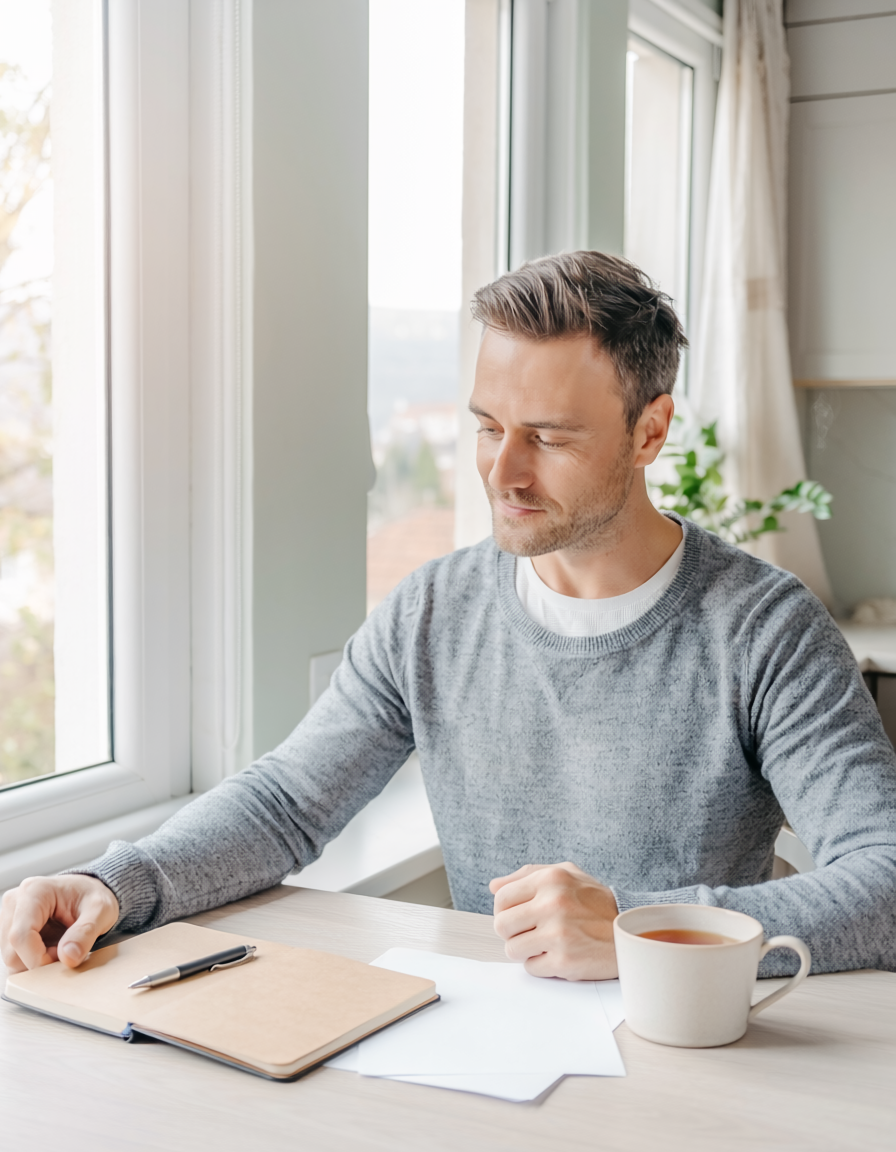 Firefly_In portrait. A relaxed homeowner planning monthly household finances at a bright brea 390717