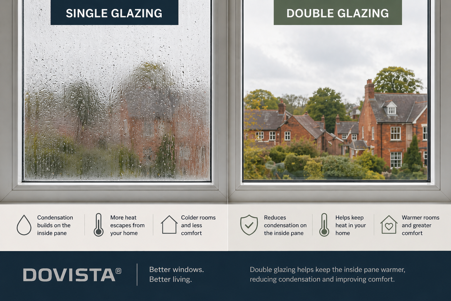 Close-up of a double-glazed uPVC window showing reduced condensation on the inside pane.