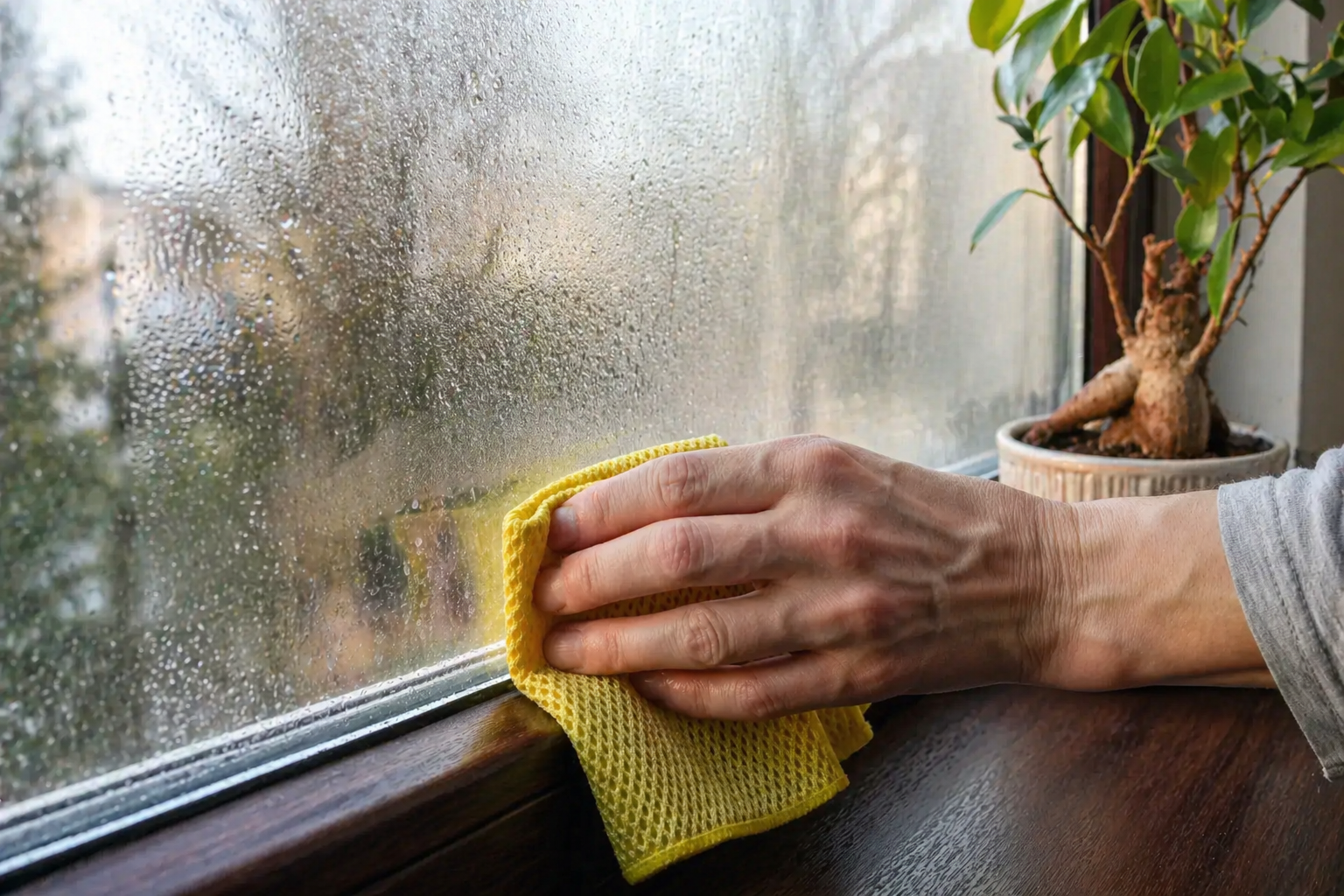 Removing condensation from a window with a cloth to improve visibility, energy efficiency and indoor comfort.