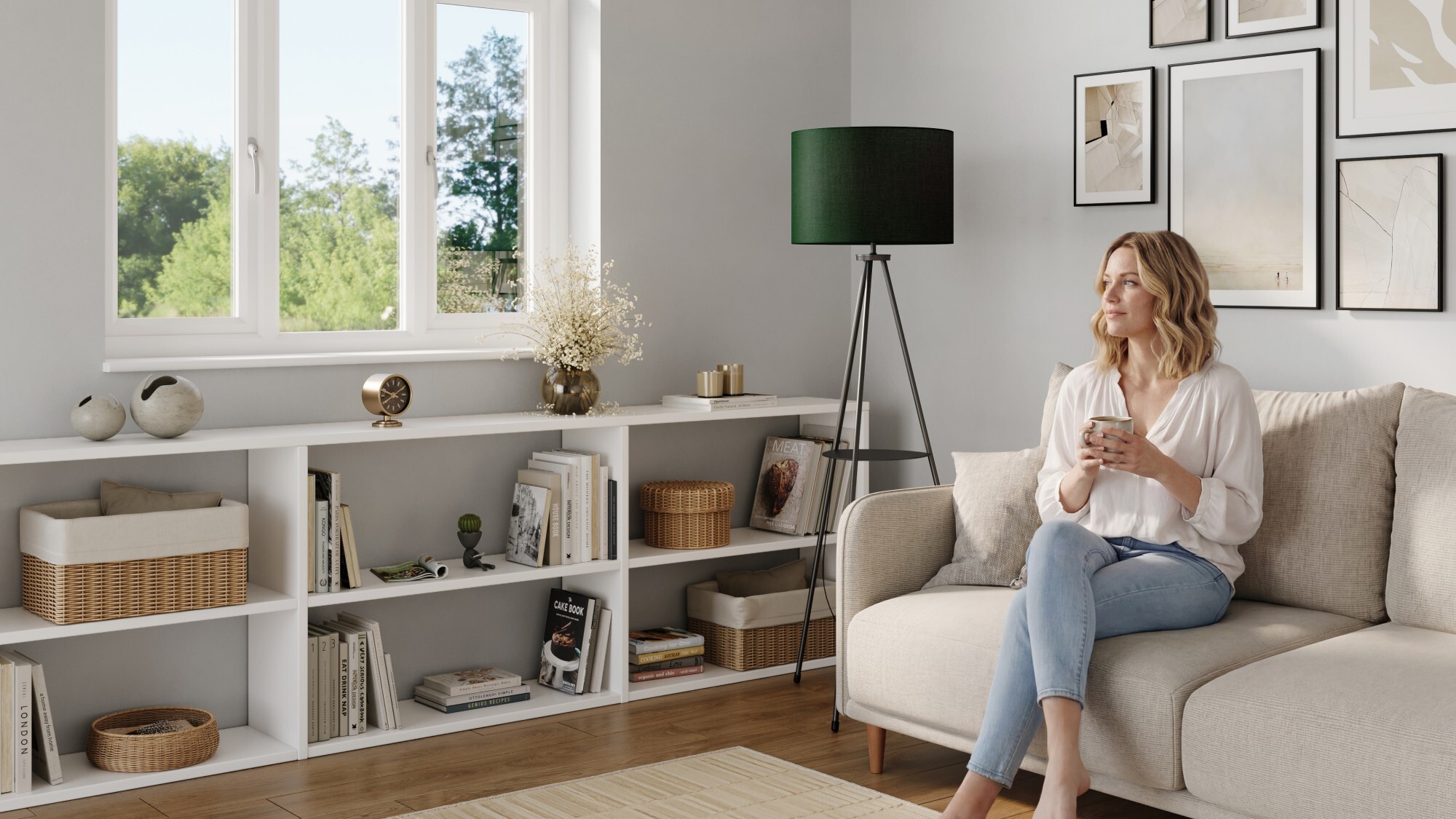 Living room 3 with lady on sofa 3-lamp low res